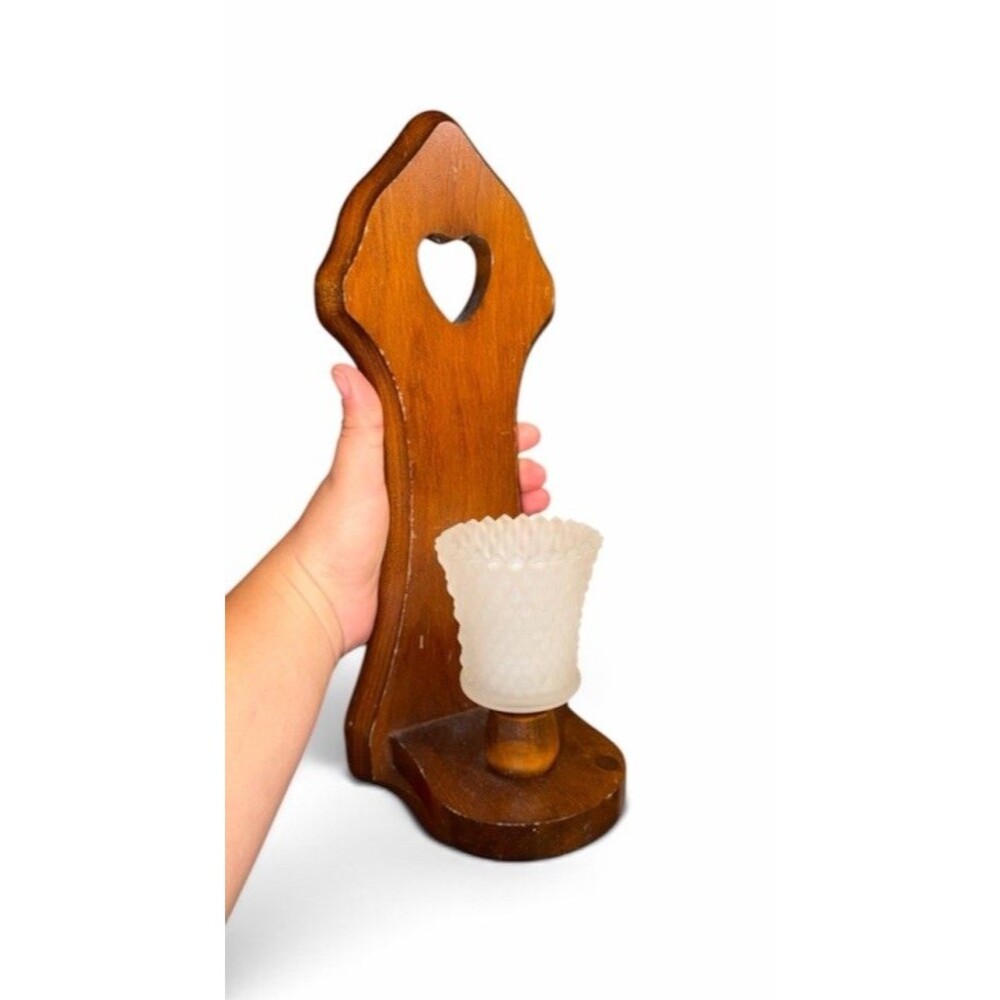 Vintage Wood Wall Sconce Candle Holders Heart Cutout Peg Votive Glass Cup 1980s